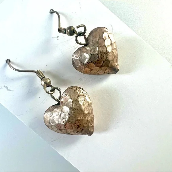 HEART EARRINGS BALI Sterling Silver Hammered Heart Vintage Karen Hill Tribe - Picture 5 of 5